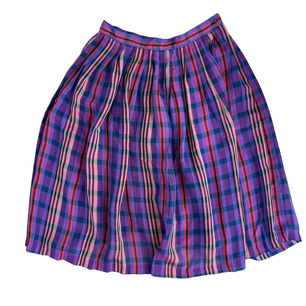 Bronson Vintage 60s 70s Plaid Midi Skirt Pleated Full A-Line Size 12 Purple Pink